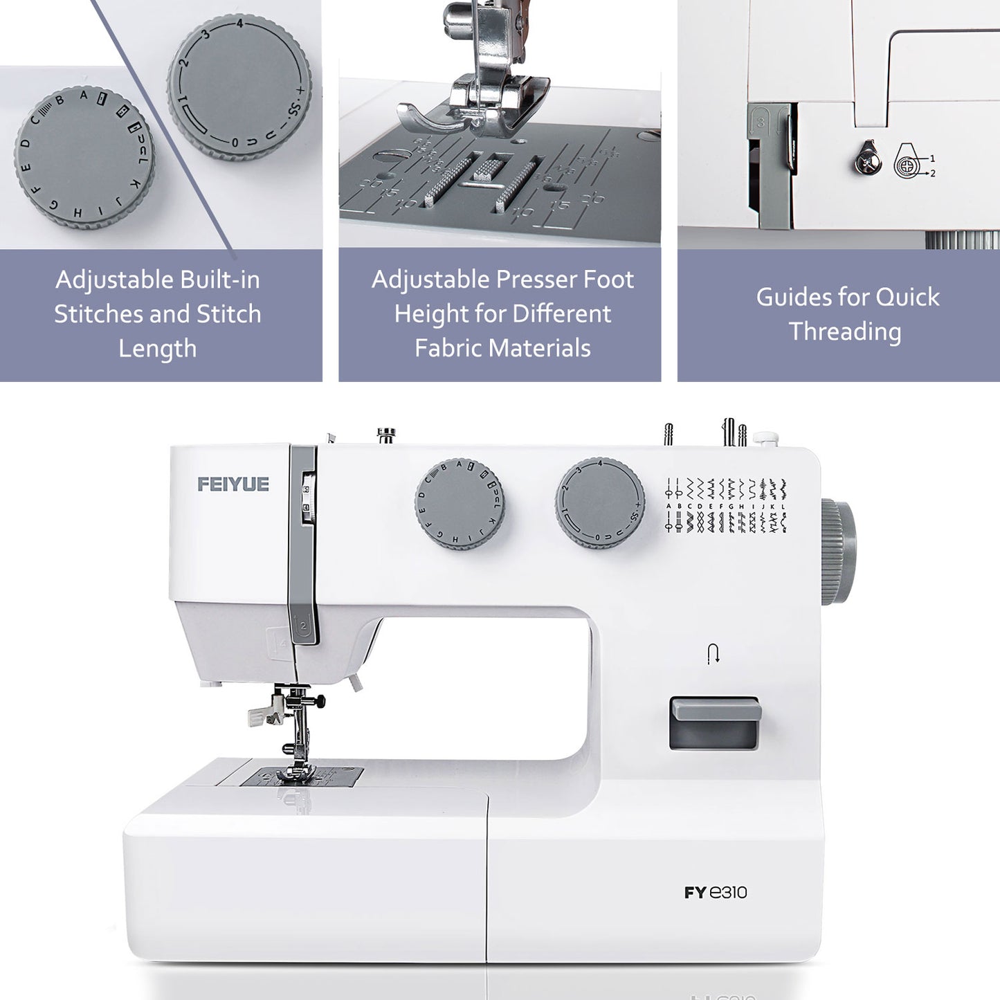 FEIYUE FYe310 Full Size Sewing Machine with Foot Pedal, Heavy Duty & Portable, Powerful Servo Motor, 25 Built-in Stitches, 6 Bobbins & 5 Included Sewing Feet (White)