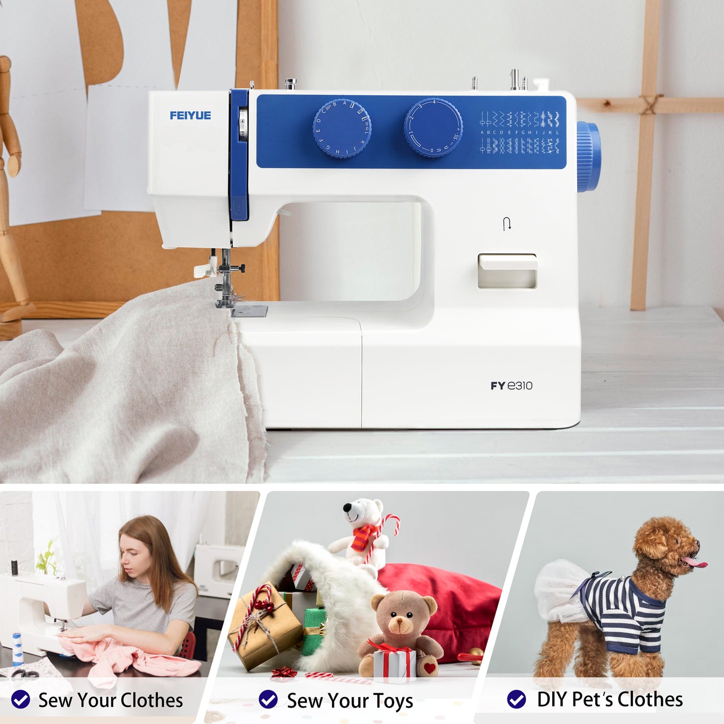 FEIYUE FYe310 Sewing Machine with Accessory Kit, 105 Stitch Applications, 100W Servo Motor, Heavy Duty Interior Metal Frame, Dual LED Lights, Easy to Use (Blue)