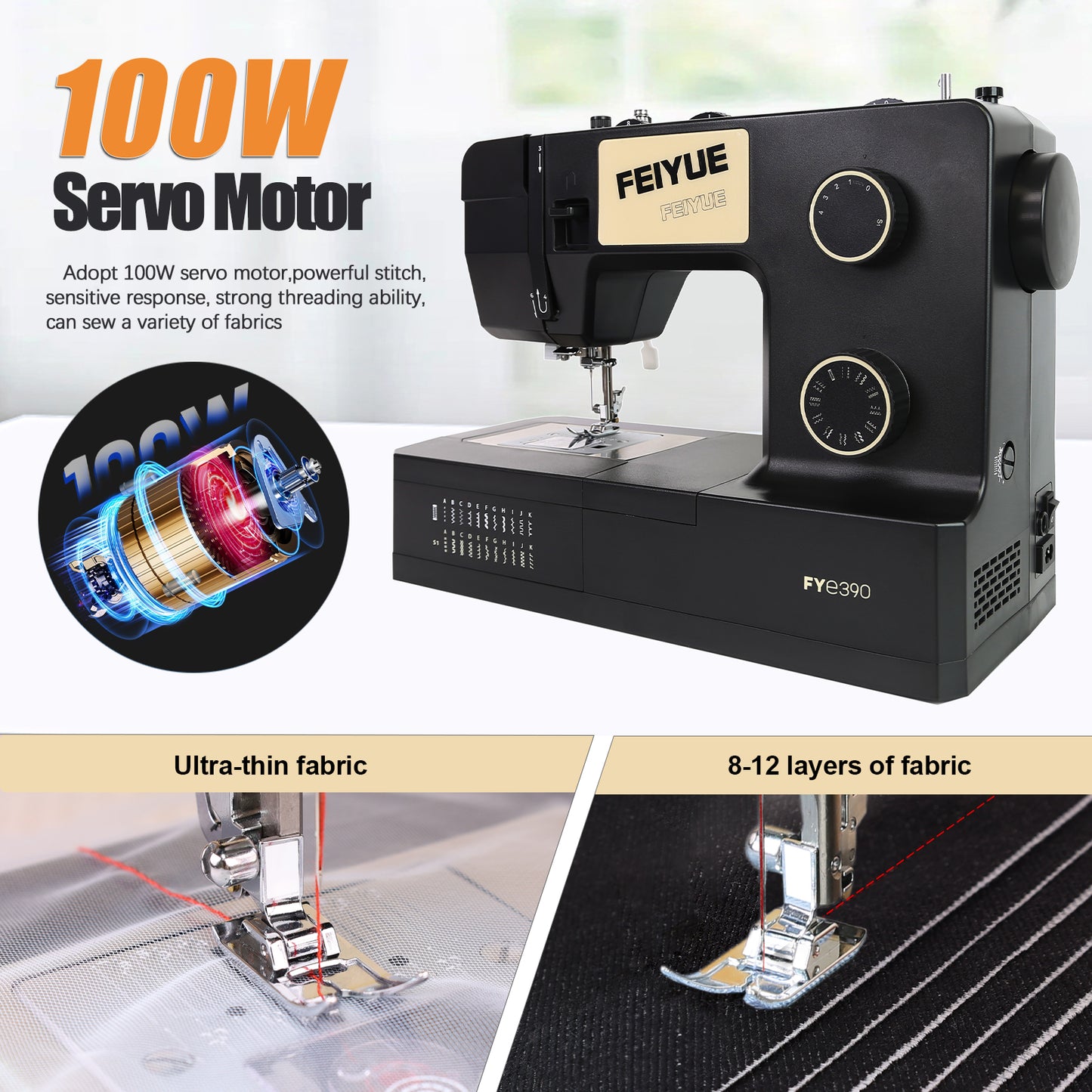 FEIYUE FYe390 Sewing Machine, Energy Saving Servo Motor, Heavy Duty & Portable, 23 Built-in Stitches, Multiple Needle Positions, 6 Bobbins & 5 Included Sewing Feet