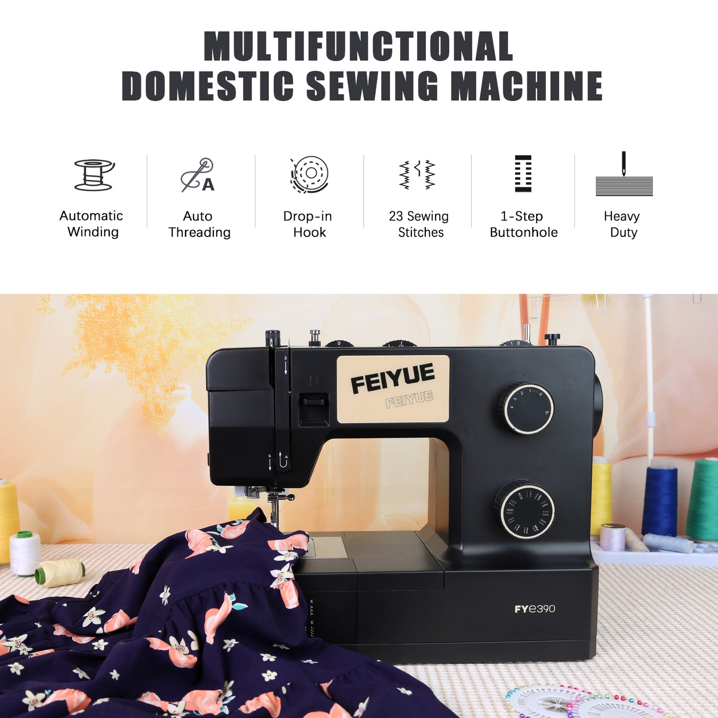 FEIYUE FYe390 Sewing Machine, Energy Saving Servo Motor, Heavy Duty & Portable, 23 Built-in Stitches, Multiple Needle Positions, 6 Bobbins & 5 Included Sewing Feet