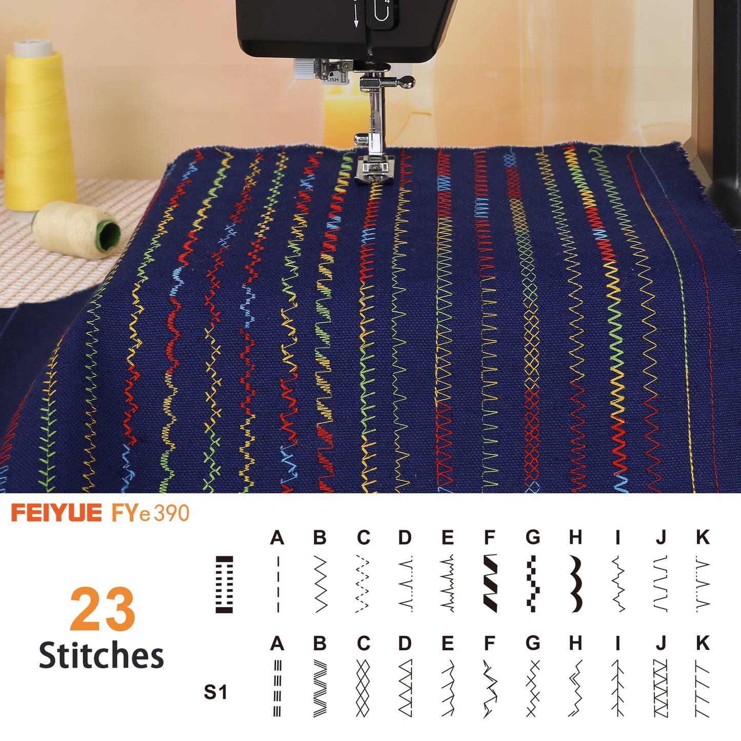 FEIYUE FYe390 Sewing Machine, Energy Saving Servo Motor, Heavy Duty & Portable, 23 Built-in Stitches, Multiple Needle Positions, 6 Bobbins & 5 Included Sewing Feet