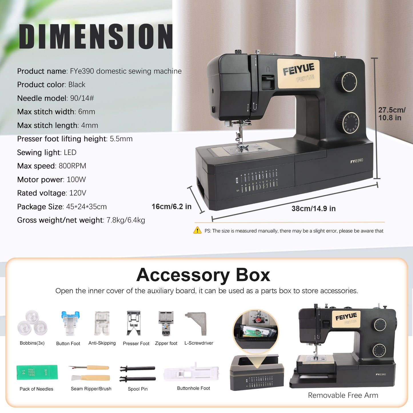 FEIYUE FYe390 Sewing Machine, Energy Saving Servo Motor, Heavy Duty & Portable, 23 Built-in Stitches, Multiple Needle Positions, 6 Bobbins & 5 Included Sewing Feet