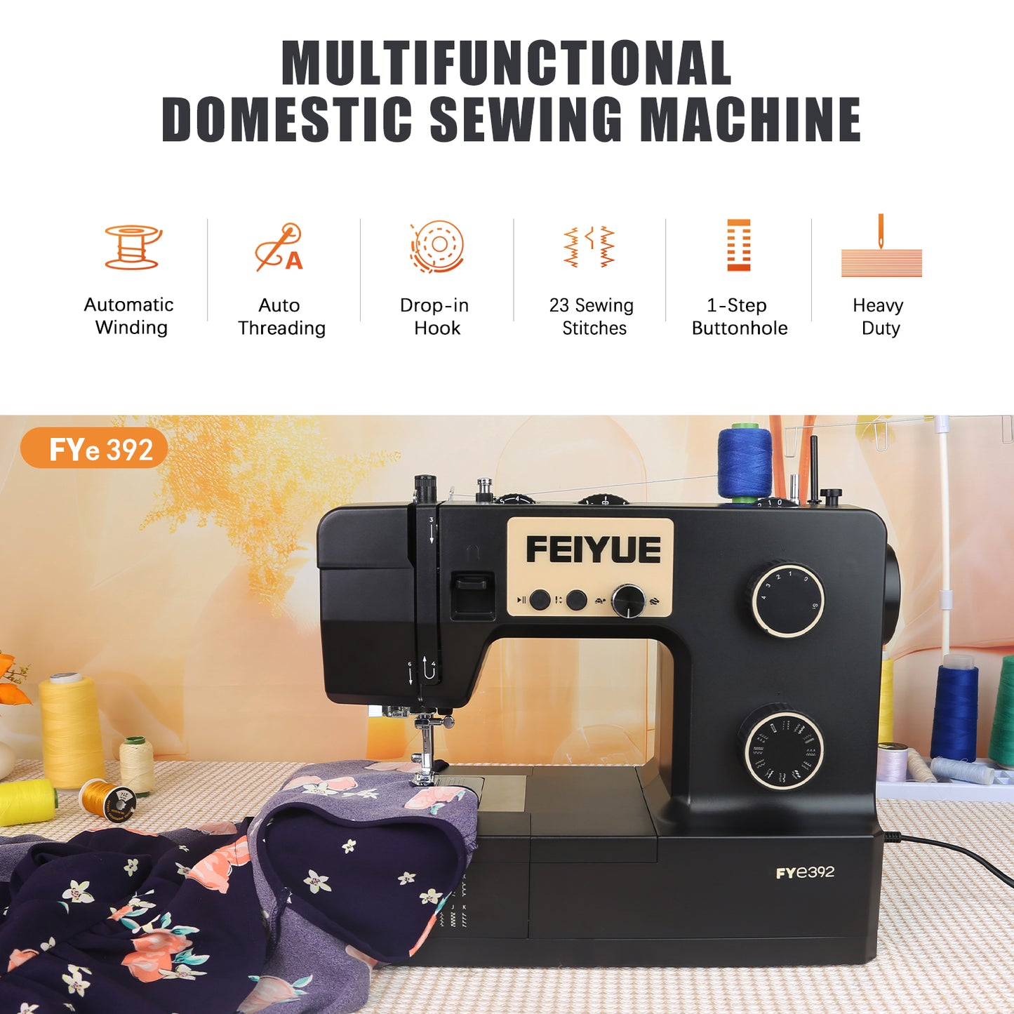 FEIYUE FYe392 Sewing Machine, Energy Saving Servo Motor, Heavy Duty & Portable, 23 Built-in Stitches, Multiple Needle Positions, 6 Bobbins & 5 Included Sewing Feet