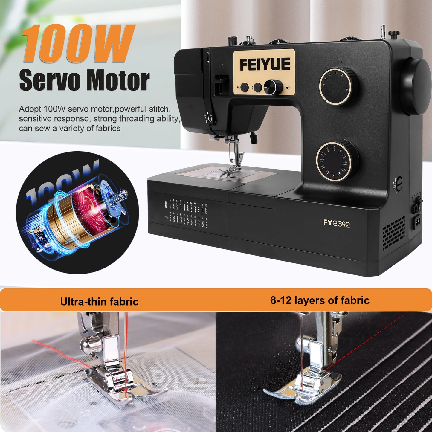 FEIYUE FYe392 Sewing Machine, Energy Saving Servo Motor, Heavy Duty & Portable, 23 Built-in Stitches, Multiple Needle Positions, 6 Bobbins & 5 Included Sewing Feet