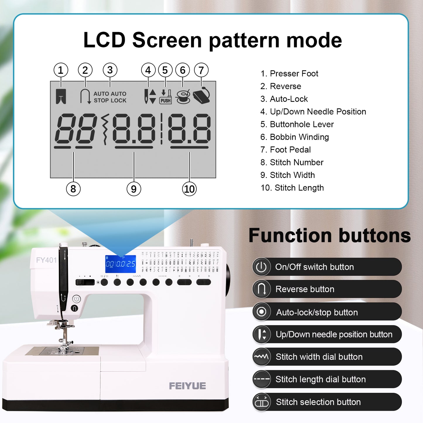 FEIYUE FY401 Electronic Sewing Machine, 60 Stitches, Digital LCD, Easy One-Touch Operation, Portable & Versatile for Beginners and Crafters, Home Sewing & DIY Projects