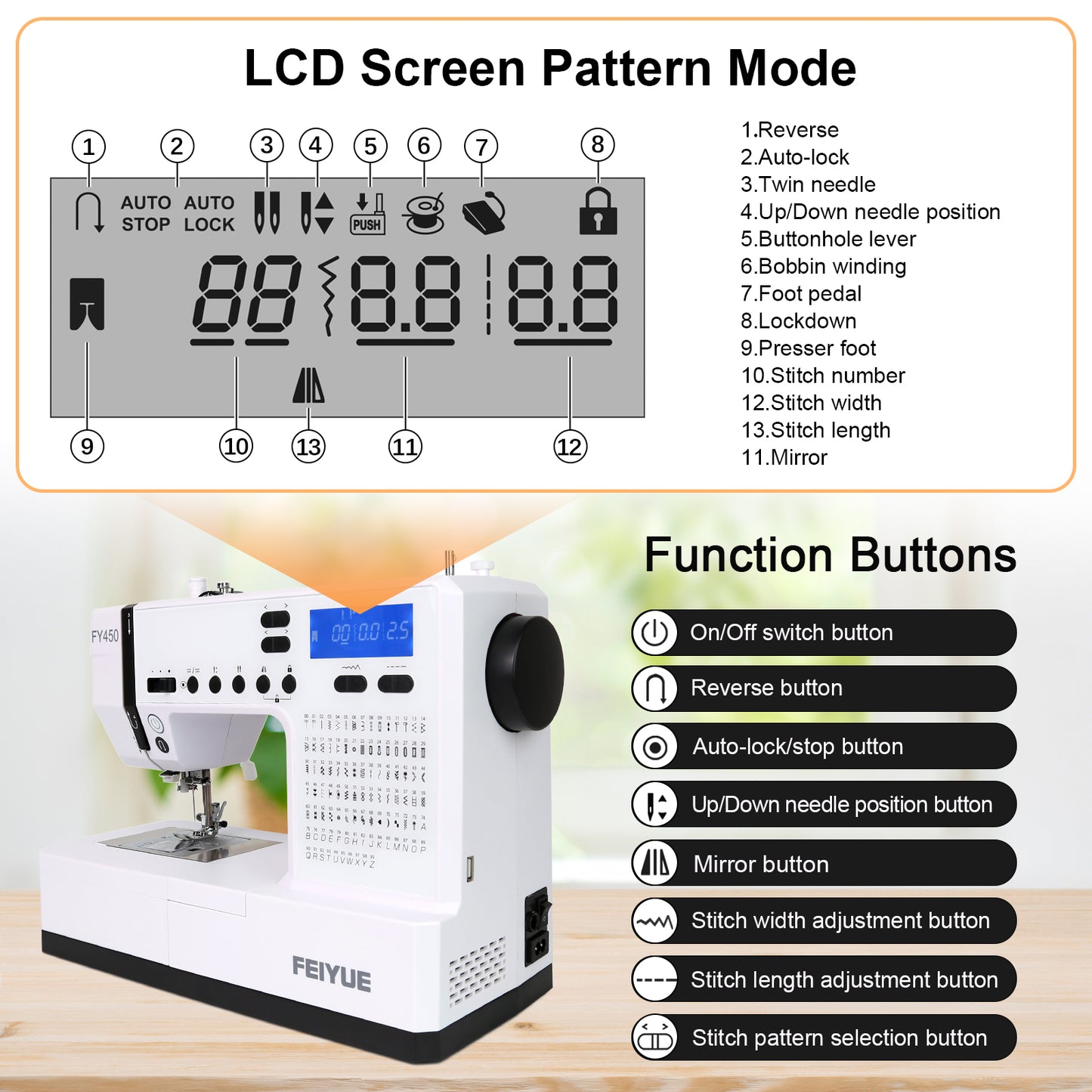FEIYUE FY450 Electronic Sewing Machine, 100 Stitches & Alphabet, LCD Screen, Free Arm, One-Touch Operation, Multi-Function Portable Craft Machine for Home & DIY Projects