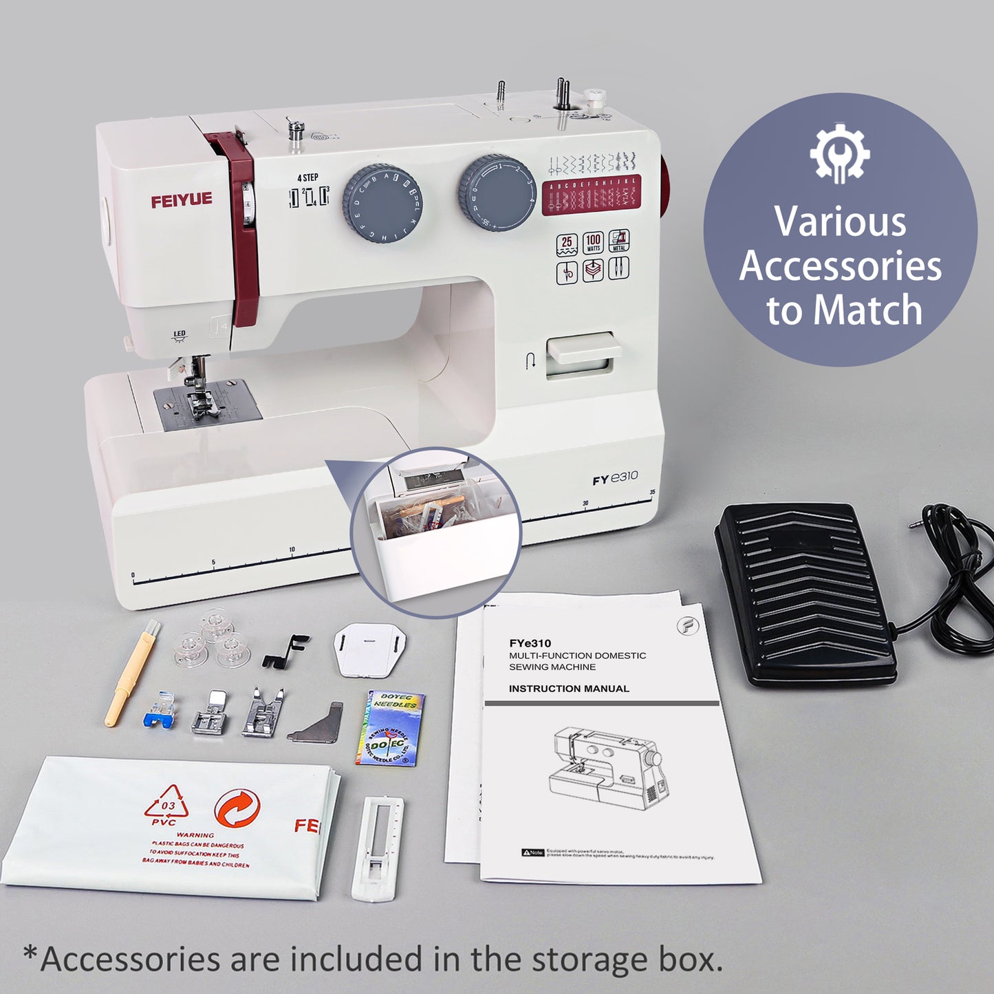 FEIYUE FYe310 Full Size Sewing Machine with Foot Pedal, Heavy Duty & Portable, Powerful Servo Motor, 25 Built-in Stitches, 6 Bobbins & 5 Included Sewing Feet