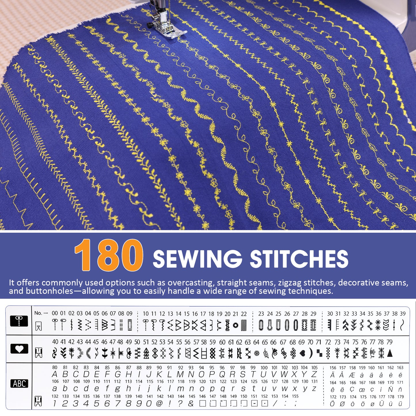 FEIYUE FY700 Computerized Sewing Machine - 180 Stitch Patterns, Automatic Needle Threader, LCD Display, Adjustable Speed, Presser Foot Set, Auto Thread Cutter, for Household Sewing and Crafts
