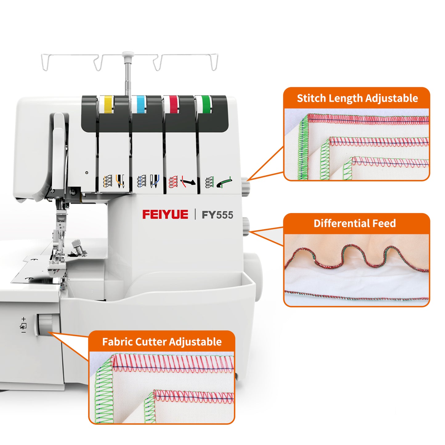 FEIYUE FY555 Overlock Sewing Machine - One-Step Air Threader, Differential Feed, 2/3/4 Thread Stitch Options, Adjustable Stitch Length & Width, LED Sewing Light