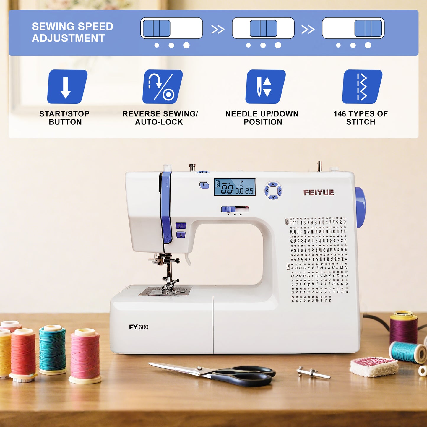 FEIYUE FY600 Electronic Sewing Machine, 146 Built-in Stitches, Automatic Needle Threader, LCD Display, Free Arm, Portable Heavy Duty Craft Machine for Beginners