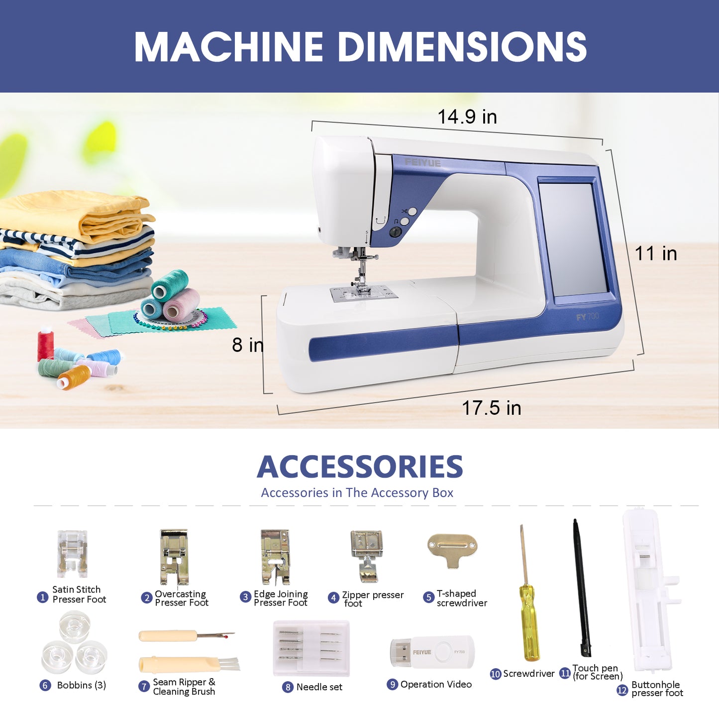 FEIYUE FY700 Computerized Sewing Machine - 180 Stitch Patterns, Automatic Needle Threader, LCD Display, Adjustable Speed, Presser Foot Set, Auto Thread Cutter, for Household Sewing and Crafts