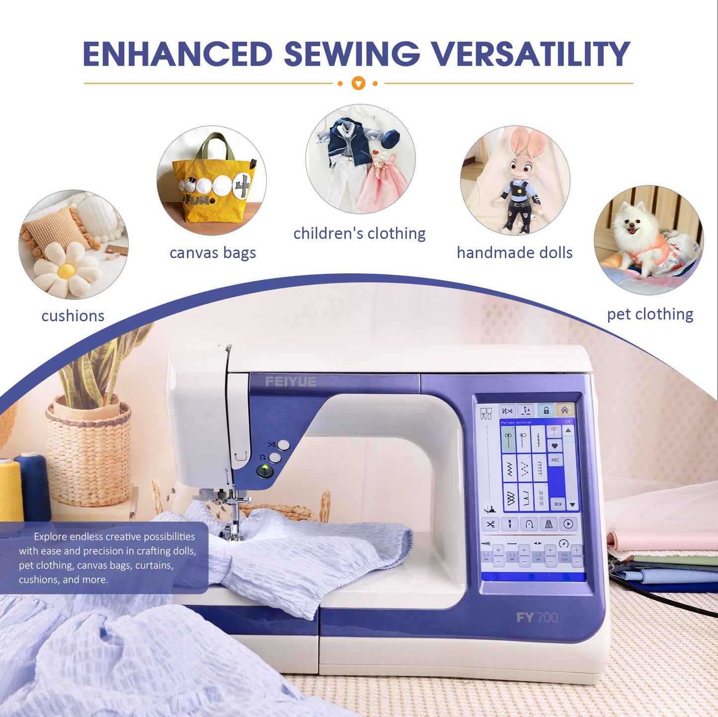 FEIYUE FY700 Computerized Sewing Machine - 180 Stitch Patterns, Automatic Needle Threader, LCD Display, Adjustable Speed, Presser Foot Set, Auto Thread Cutter, for Household Sewing and Crafts