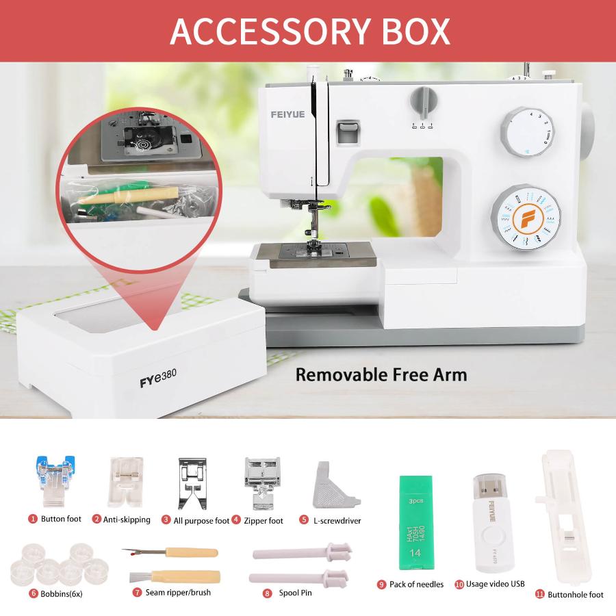 FEIYUE FYe380 Sewing Machine with Multiple Needle Positions, 23 Built-in Stitches, Speed Control, Energy Saving Servo Motor, Heavy Duty & Portable, Easy to Use