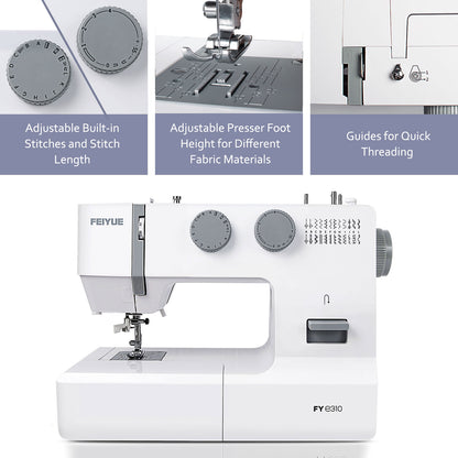 FEIYUE FYe310 Full Size Sewing Machine with Foot Pedal, Heavy Duty & Portable, Powerful Servo Motor, 25 Built-in Stitches, 6 Bobbins & 5 Included Sewing Feet (White)