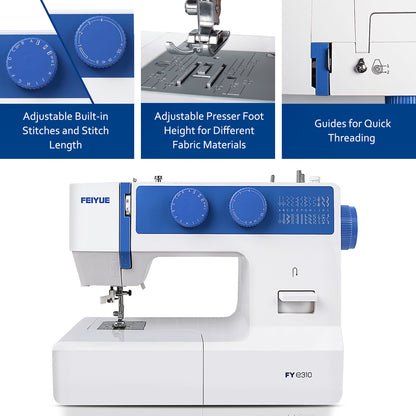 FEIYUE FYe310 Sewing Machine with Accessory Kit, 105 Stitch Applications, 100W Servo Motor, Heavy Duty Interior Metal Frame, Dual LED Lights, Easy to Use (Blue)