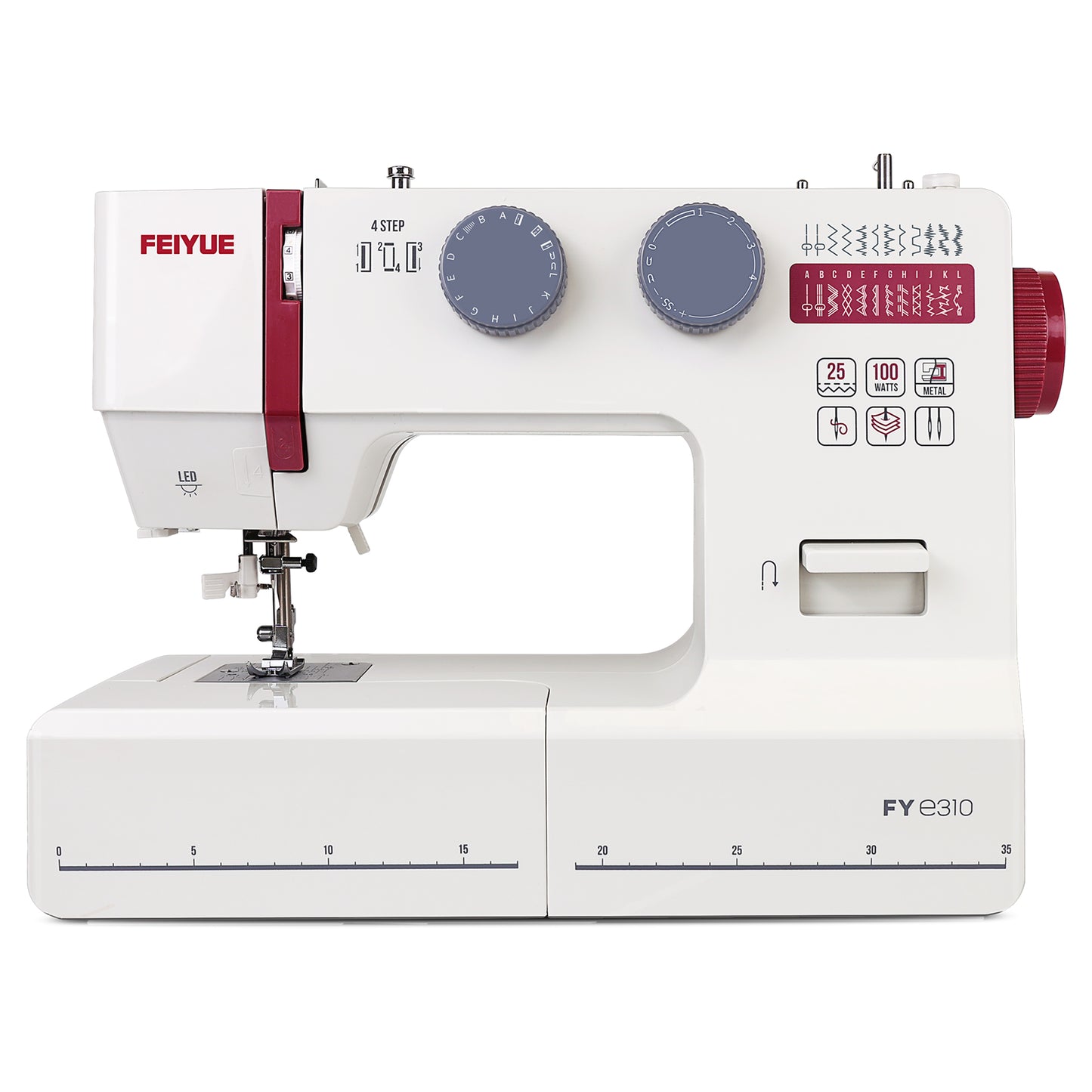FEIYUE FYe310 Full Size Sewing Machine with Foot Pedal, Powerful Servo Motor, 25 Built-in Stitches, Heavy Duty & Portable, 6 Bobbins & 5 Included Sewing Feet (Red)