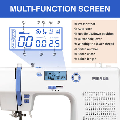 FEIYUE FY600 Electronic Sewing Machine, 146 Built-in Stitches, Automatic Needle Threader, LCD Display, Free Arm, Portable Heavy Duty Craft Machine for Beginners