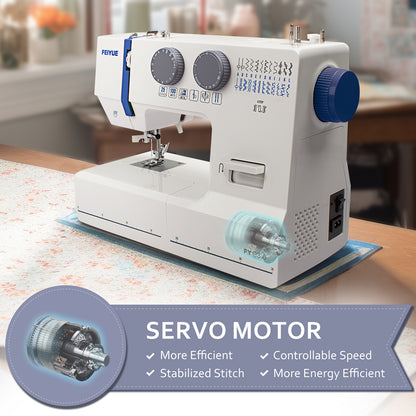 FEIYUE FYe310 Full Size Sewing Machine with Foot Pedal, Powerful Servo Motor, 25 Built-in Stitches, Heavy Duty & Portable, 6 Bobbins & 5 Included Sewing Feet (Gray)