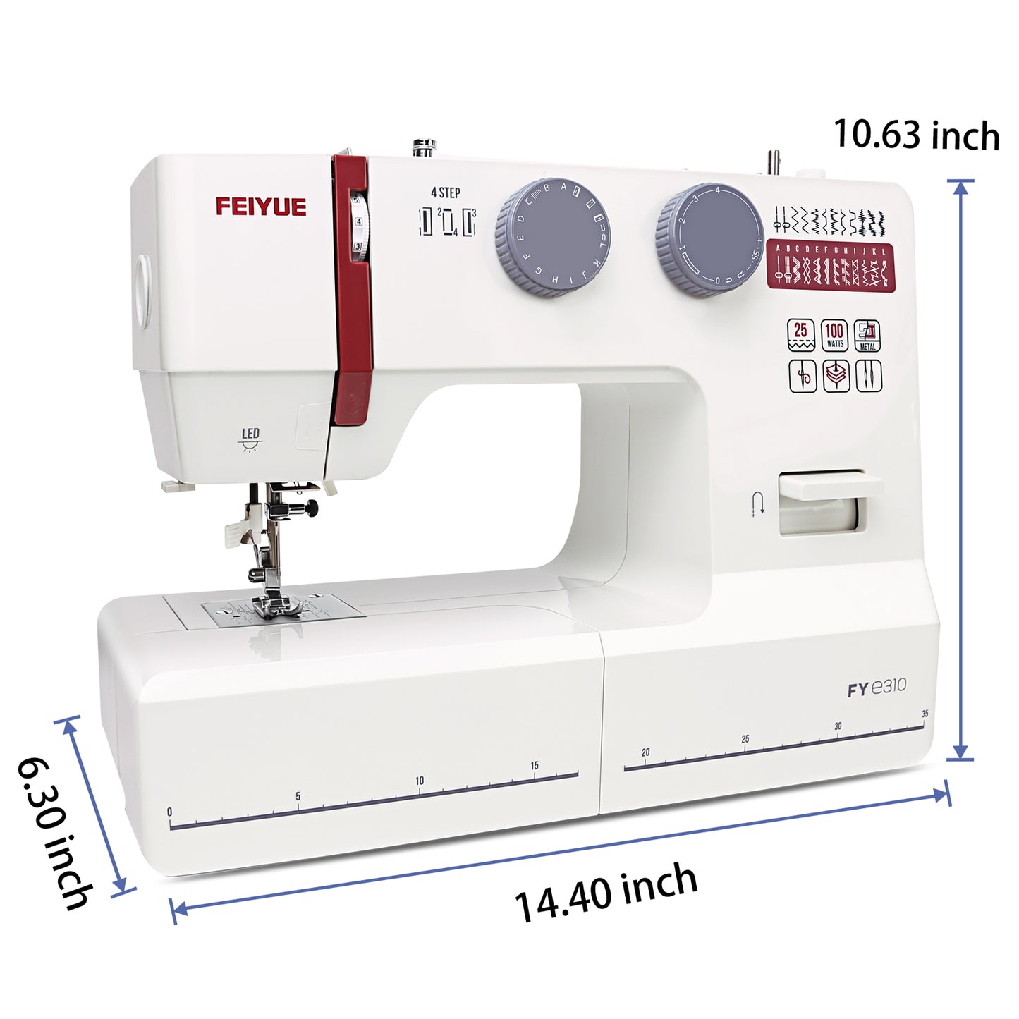 FEIYUE FYe310 Full Size Sewing Machine with Foot Pedal, Powerful Servo Motor, 25 Built-in Stitches, Heavy Duty & Portable, 6 Bobbins & 5 Included Sewing Feet (Red)