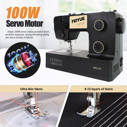 FEIYUE FYe390 Sewing Machine, Energy Saving Servo Motor, Heavy Duty & Portable, 23 Built-in Stitches, Multiple Needle Positions, 6 Bobbins & 5 Included Sewing Feet
