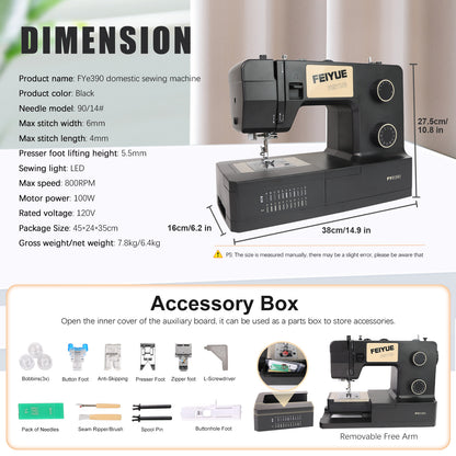 FEIYUE FYe390 Sewing Machine, Energy Saving Servo Motor, Heavy Duty & Portable, 23 Built-in Stitches, Multiple Needle Positions, 6 Bobbins & 5 Included Sewing Feet