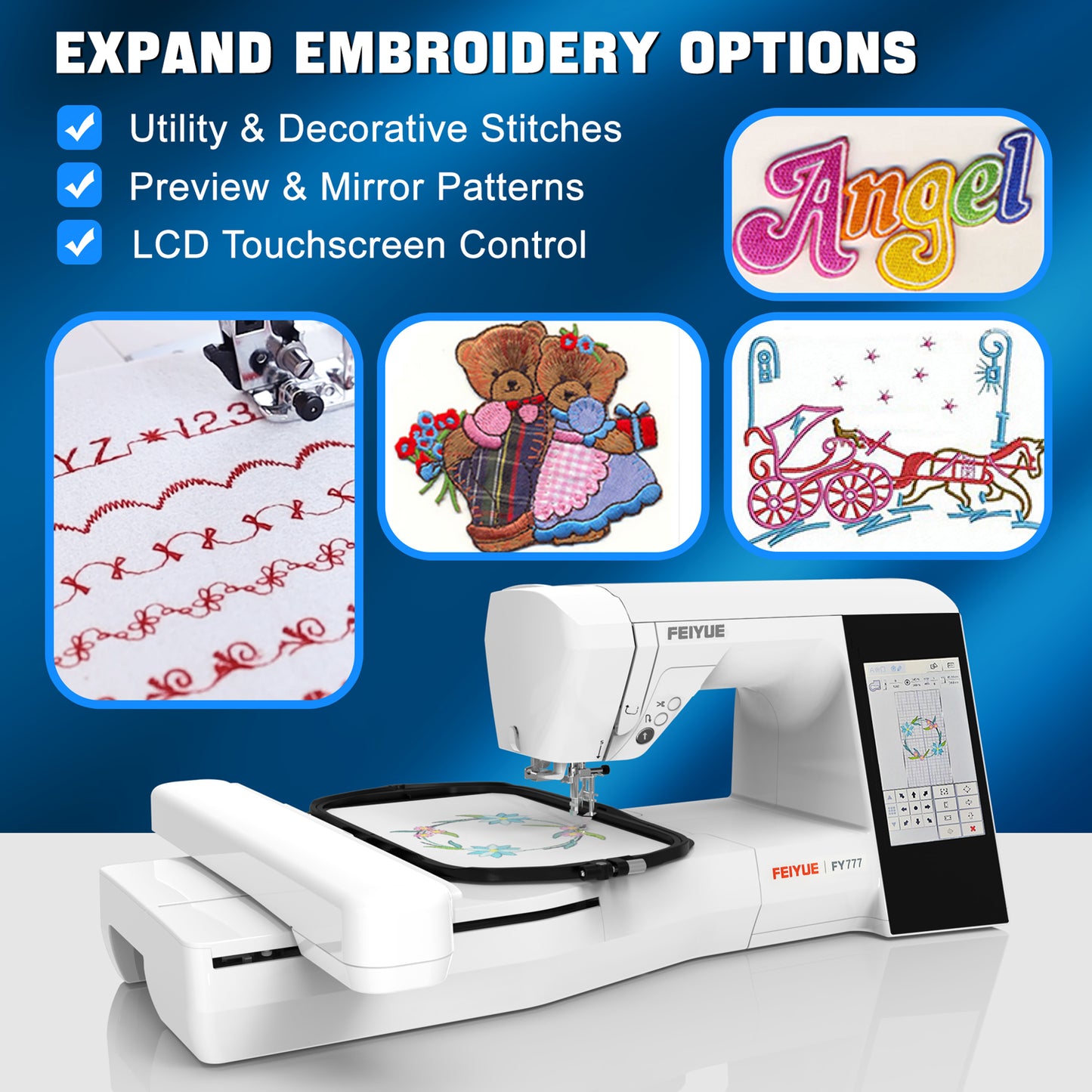 FEIYUE FY777 Computerized Sewing & Embroidery Machine - Touch Screen Control, Built-in Embroidery Patterns & Letters, USB Pattern Import, Automatic Thread Trimming, LED Sewing Light