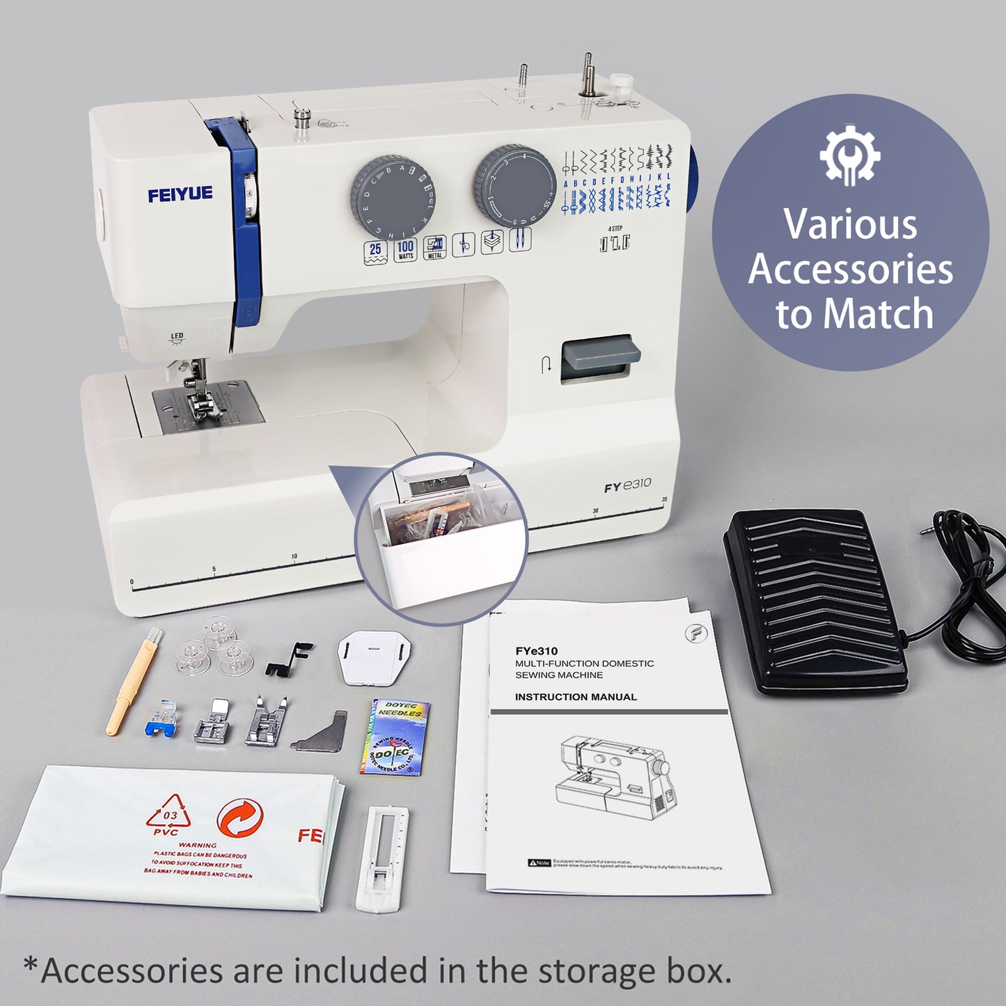 FEIYUE FYe310 Full Size Sewing Machine with Foot Pedal, Powerful Servo Motor, 25 Built-in Stitches, Heavy Duty & Portable, 6 Bobbins & 5 Included Sewing Feet (Gray)