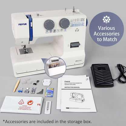 FEIYUE FYe310 Full Size Sewing Machine with Foot Pedal, Powerful Servo Motor, 25 Built-in Stitches, Heavy Duty & Portable, 6 Bobbins & 5 Included Sewing Feet (Gray)