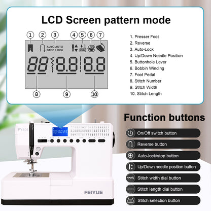 FEIYUE FY401 Electronic Sewing Machine, 60 Stitches, Digital LCD, Easy One-Touch Operation, Portable & Versatile for Beginners and Crafters, Home Sewing & DIY Projects