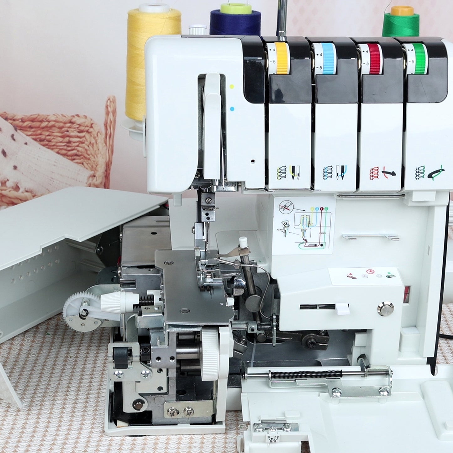 FEIYUE FY555 Overlock Sewing Machine - One-Step Air Threader, Differential Feed, 2/3/4 Thread Stitch Options, Adjustable Stitch Length & Width, LED Sewing Light