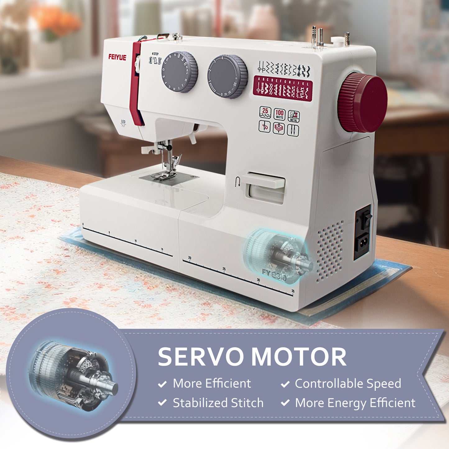 FEIYUE FYe310 Full Size Sewing Machine with Foot Pedal, Powerful Servo Motor, 25 Built-in Stitches, Heavy Duty & Portable, 6 Bobbins & 5 Included Sewing Feet (Red)