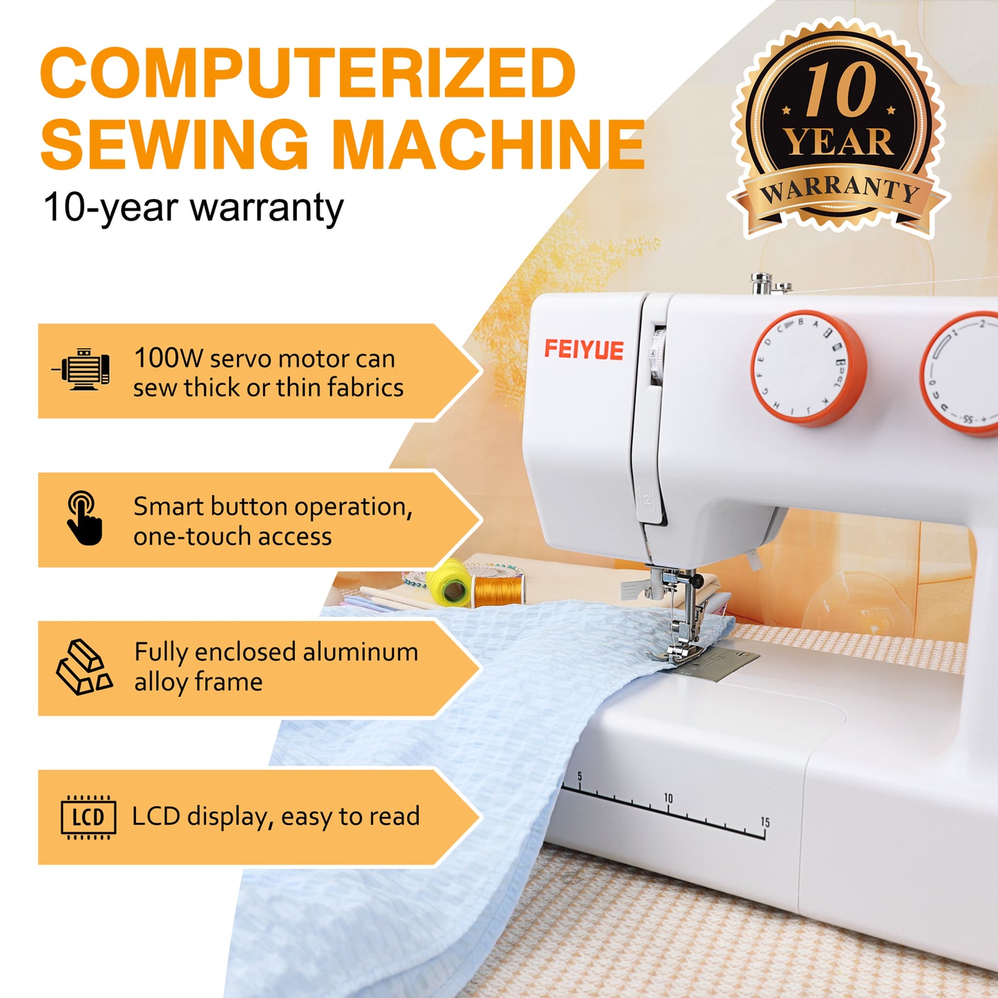 FEIYUE FYe340 Full Size Sewing Machine with Foot Pedal, Speed Control, Heavy Duty & Portable, LCD Display, 25 Built-in Stitches, 6 Bobbins & 5 Included Sewing Feet