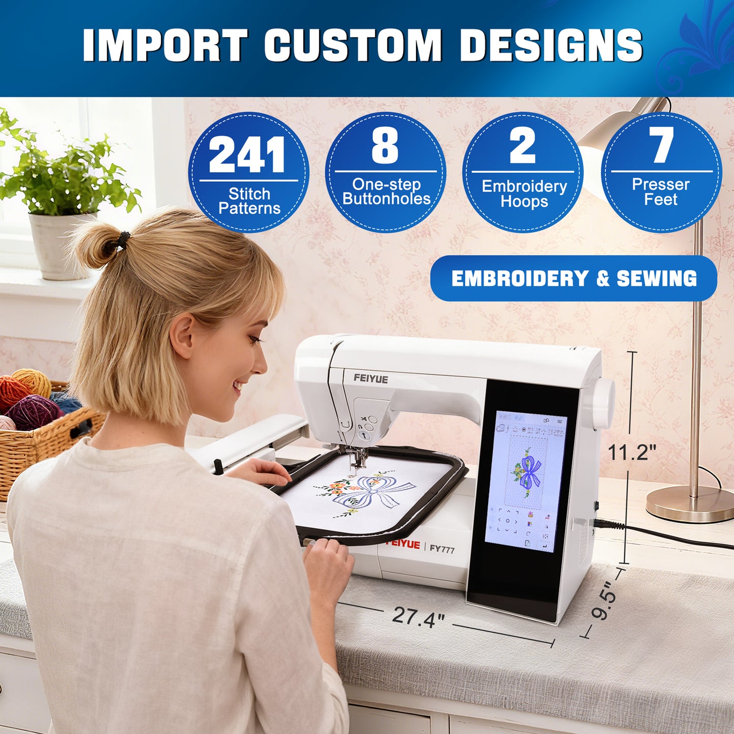 FEIYUE FY777 Computerized Sewing & Embroidery Machine - Touch Screen Control, Built-in Embroidery Patterns & Letters, USB Pattern Import, Automatic Thread Trimming, LED Sewing Light