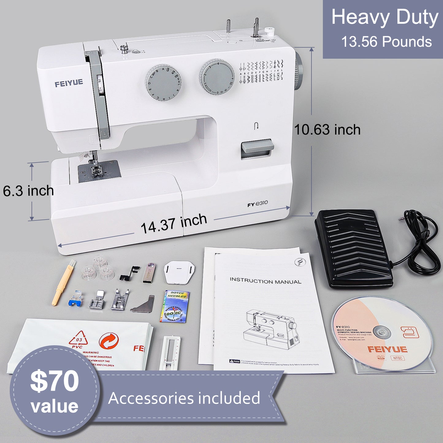 FEIYUE FYe310 Full Size Sewing Machine with Foot Pedal, Heavy Duty & Portable, Powerful Servo Motor, 25 Built-in Stitches, 6 Bobbins & 5 Included Sewing Feet (White)